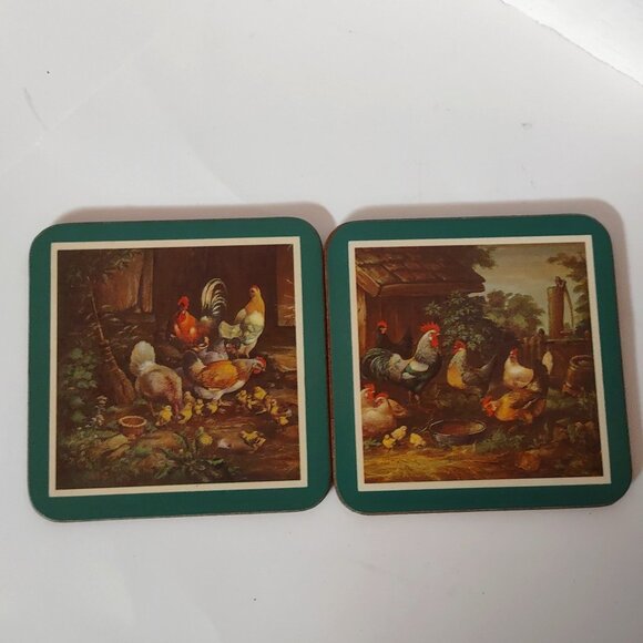 Vtg Set 6 English Life Farmhouse Rooster Chickens Hens Chicks Cork Coasters UK - Picture 4 of 6